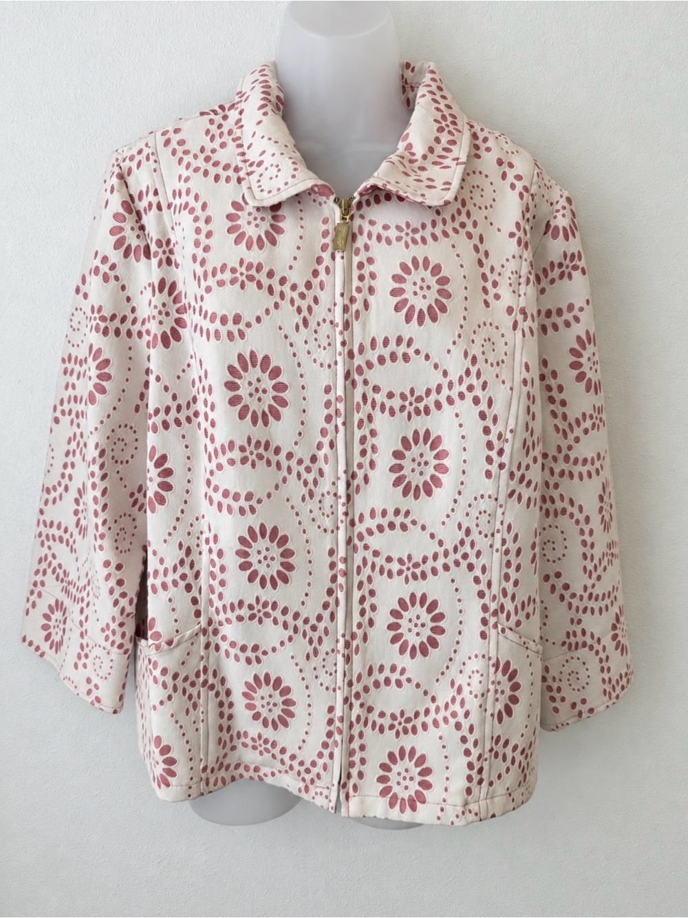 Bob Mackie Jacket XL Pink Ivory Floral Jacquard Zip Front